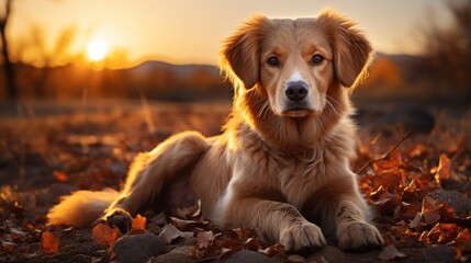 Adult light colored golden retriever seated by the beach during a sunset