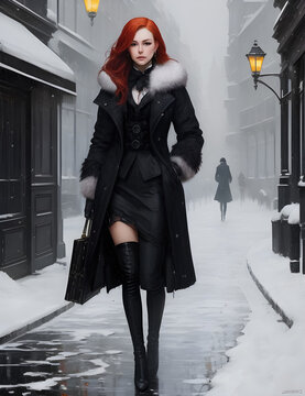 Young Woman Walking on Snowy European City Street