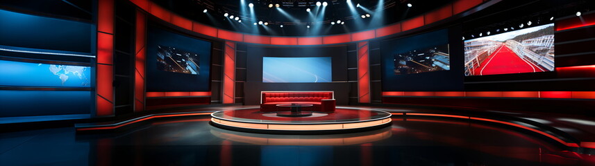 Empty TV studio set for breaking news with podium and spotlight mock up background. Television or Cable news live studio presentation and production setup with audience. Generative ai