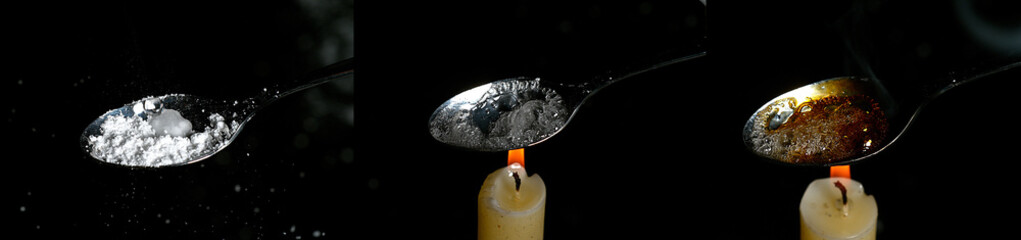 Drug, Cocaine in spoon with Candle against black background