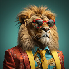 Lion dressed in a floral suit, wearing red sunglasses, on a smoth background
