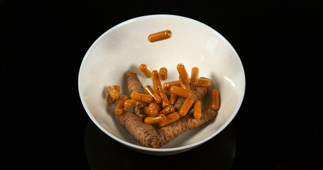 Turmeric, Turmeric Longa, Capsules Falling on Black Background, Indian Spice