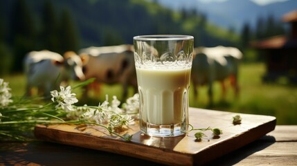 Milk in a bottle on wooden platform, background two cows on a green field
