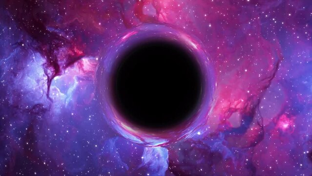 Supermassive black hole flies in the foreground against the background of a galaxy, a starry sky
