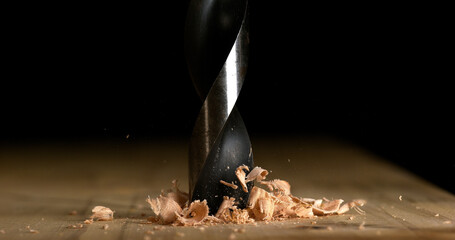 Wood Chip Turning on a Wood Board, Making Chips - obrazy, fototapety, plakaty