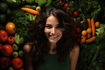 Fototapeta na wymiar Portrait of a beautiful joyful woman surrounded by fresh juicy vegetables