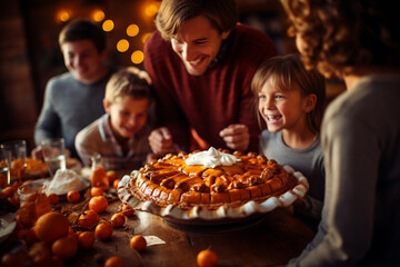 Thanksgiving delight, An anonymous kid serving a delicious sliced pumpkin pie as the centerpiece of a festive table, celebrating Thanksgiving Day with family,