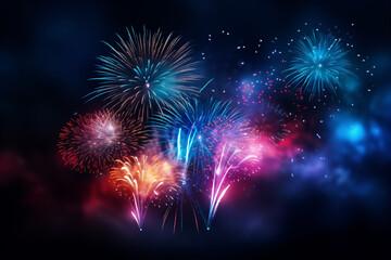 Fototapeta premium fireworks background in the night sky. glowing fireworks show. New year's eve fireworks celebration.