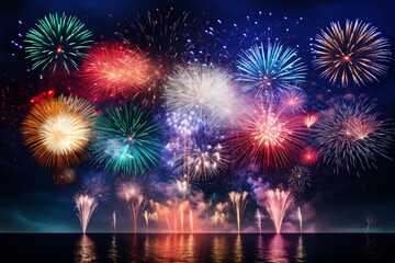 fireworks background in the night sky. glowing fireworks show. New year's eve fireworks celebration.