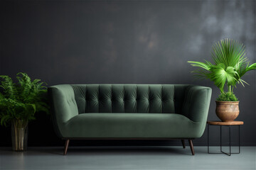 Living room modern minimalist interior with green sofa and plant on green wall background