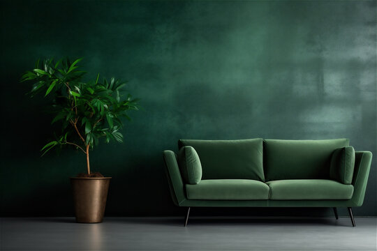 Living room modern minimalist interior with green sofa and plant on green wall background