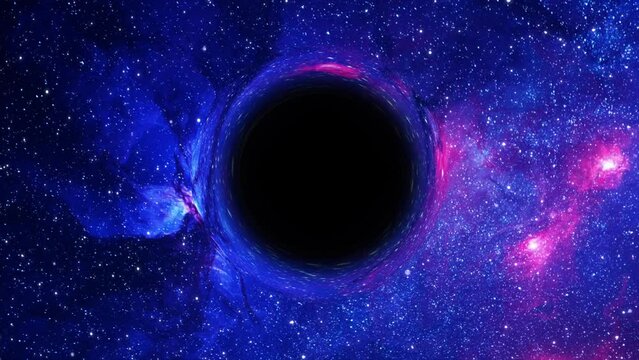 Supermassive black hole flies in the foreground against the background of a galaxy, a starry sky

