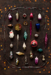 Glass Vintage New Year and Christmas tree decorations. Background, flat lay, close-up