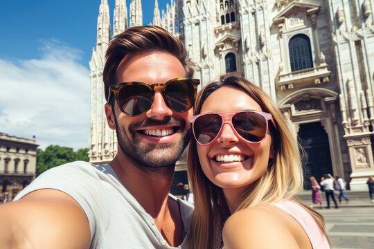 Happy couple taking selfie in front of Duomo cathedral