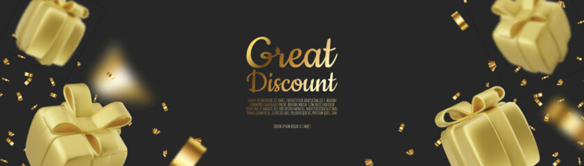 Banner online shopping with 3d realistic gift isolated on black background. Vector illustration