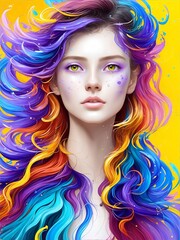Beautiful  woman with rainbow color hair. AI generated illustration