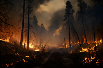 A fire in the forest. Burnt forest. Environment protection. Wildfire. Threat to the environment
