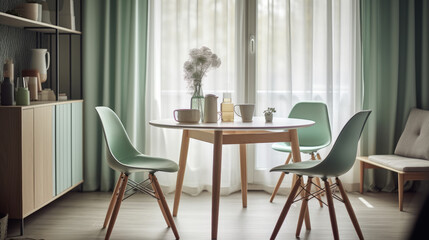 Obraz premium Two mint color chairs at round wooden dining table against window dressed with light green and white curtains.
