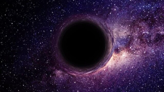 Supermassive black hole flies in the foreground against the background of a galaxy, a starry sky
