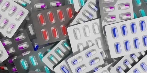 Large heap of pill blister packs with different medicine like tablets or capsules or pills background view from above, medicine, pharmacy or drug concept