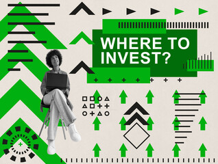 Obraz premium Collage with thinking woman and a question where to invest.