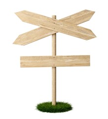 Two crossed arrow shaped empty, blank wooden arrow signs and one wood sign below on green grass patch with room for text, wooden board direction signs template isolated on white background