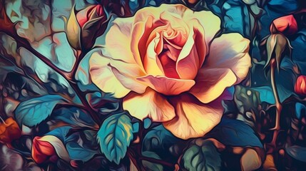 Oil painted colorful flowers; vivid and old styled creating a sense of medieval times. Popping out shapes, leaves and beads, stunning aesthetics and perspective.  - obrazy, fototapety, plakaty