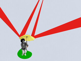 Collage about bullying. Young woman hides under an umbrella.