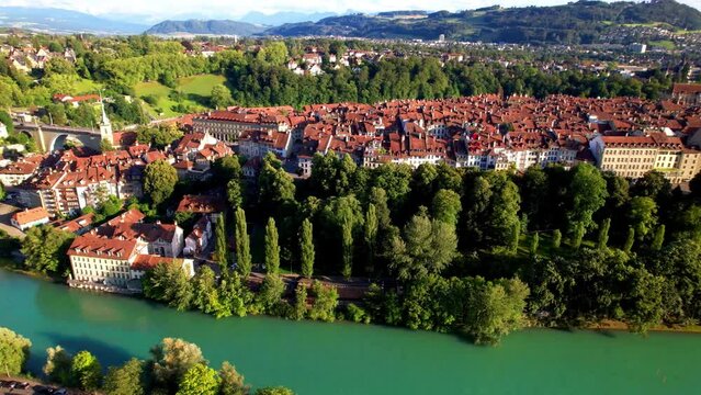 old town of Bern capital city of Switzerland. , aerial drone 4k video. Swiss travel destinations