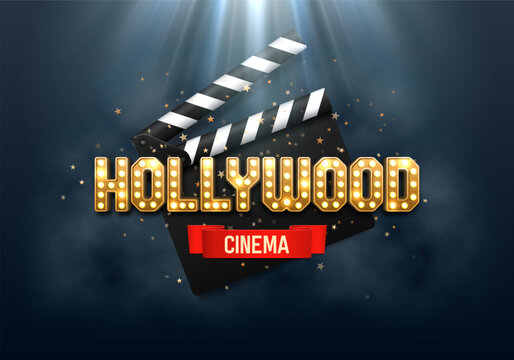 Bright Hollywood sign with a clapperboard. Movie banner or poster in retro style. Vector illustration.