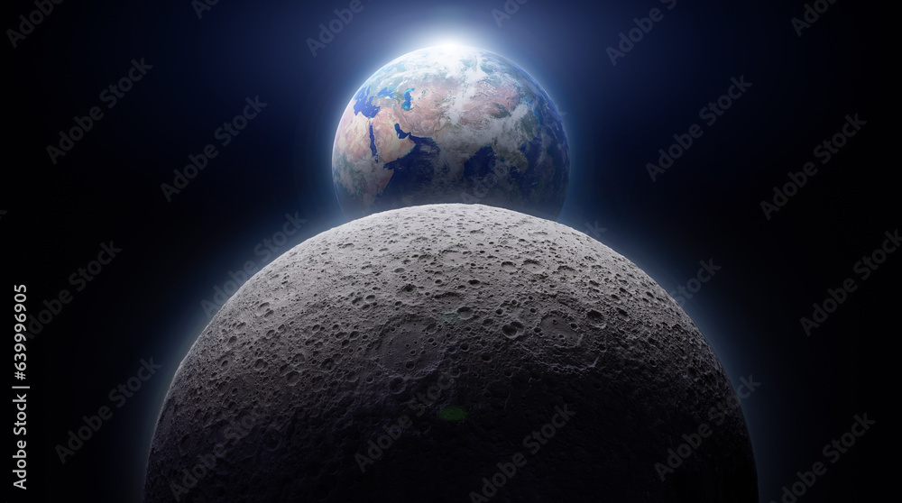 Poster moon globe and earth planet in dark black space. moon in space. lunar mission. elements of this imag