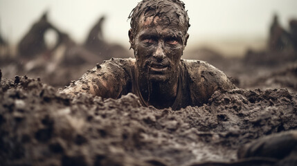 A man is covered in mud in the countryside, displaying a somber mood and energy. - obrazy, fototapety, plakaty