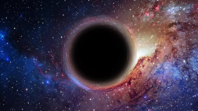 Supermassive black hole flies in the foreground against the background of a galaxy, a starry sky
