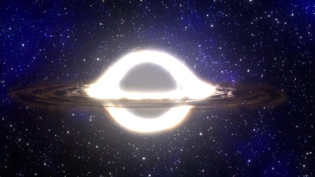 Supermassive black hole flies in the foreground against the background of a galaxy, a starry sky
