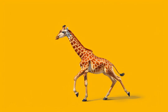 A photo of an african giraffe running on a neutral yellow background