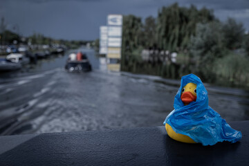 Lone single yellow rubber duck outdoors in a raincoat poncho due to bad weather at a charity fund raising duck race - 639997905