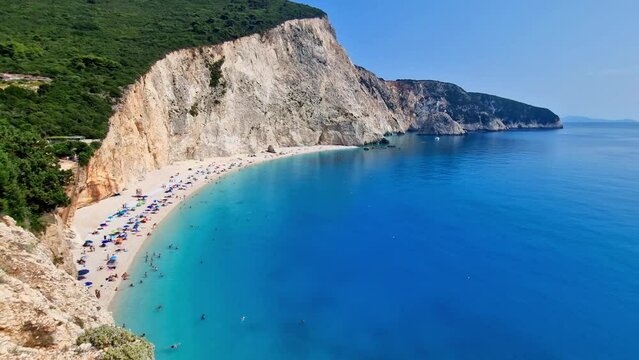 view of Porto Katsiki beach on Lefkada island, Greece. Steep white cliffs and turquoise Ionian sea