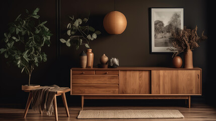 Warm and cozy living room interior with mock up poster frame, wooden sideboard, brown wall, pouf, vase with branch and personal accessoeies. Home decor.