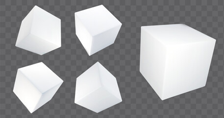 White 3d vector cube block perspective view. Isolated square shape icon mockup. Blank realistic paper package template design set. Abstract cubic carton container or platform element illustration.