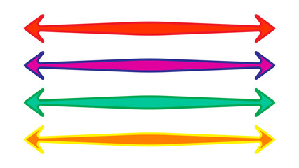 Fototapeta premium Risoprint long straight double arrow horizontal lines. risograph bold pointer in vibrant color of yellow, purple, red, green. Flat icon for basic direction pointing with arrowhead forward to location.