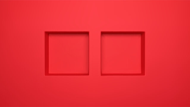 Red 3d square niche shelf wall render vector background. Two recess product podium shoot in studio interior. Modern photography showcase perspective view concept for fashion or beauty advertising.