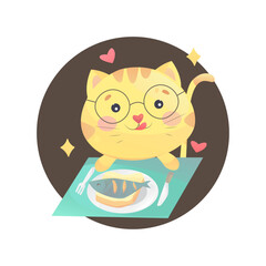 cat with a fish plate illustration 