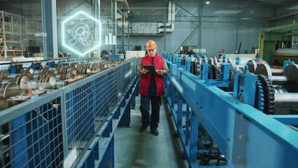 Professional engineer walking at factory. Augmented processing. Digitized image of future work at ennterprises. Checking status of manufacture - Powered by Adobe
