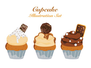 Festive Cupcake Icon Set cute dessert food Homemade muffin party with nuts, cookies, and chocolate on paper. Flat dessert vector illustration. isolated on a white background.
