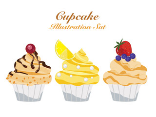 Festive Cupcake Icon Set cute dessert food Homemade Party Muffins with Nuts, Lemons, and Strawberries Blueberries and chocolate Flat dessert vector illustration. isolated on a white background.