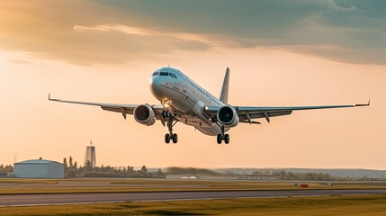 Fototapeta na wymiar Airplane taking off close-up from the runway.