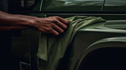 Fictional black man washing a car with a green rag.