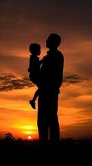 Fictional father with a child on a sunset background.