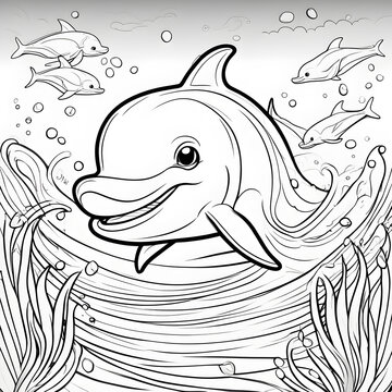 Engaging coloring book with cute baby dolphin. Thick lines, black and white, perfect for kids' creativity.