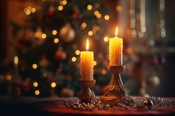 Candles on exquisite candle holders against the background of a Christmas tree